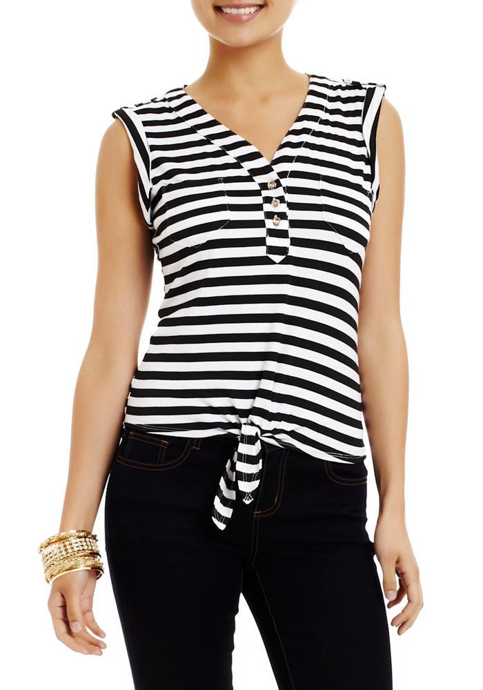 2b Sleeveless Stripe Tie Front Henley Tank Top