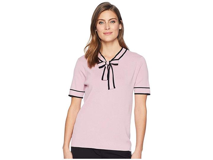 Tahari By Asl Short Sleeve Contrast Trim Tie Neck Sweater (pink/black) Women's Sweater
