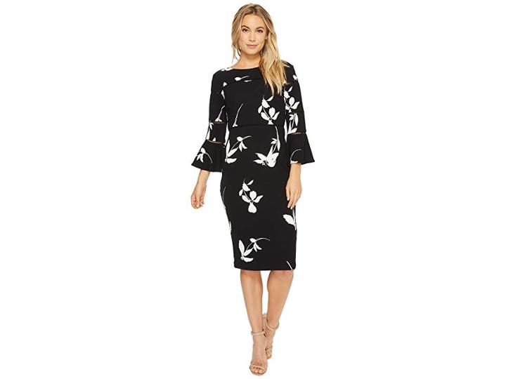 Taylor Floral Bell Sleeve Sheath Dress (black/ivory) Women's Dress