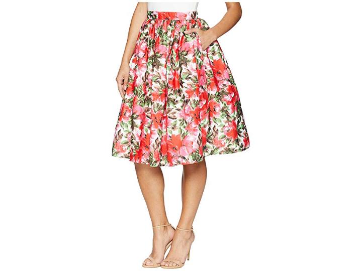 Unique Vintage High Waist Swing Skirt (pink Floral) Women's Skirt