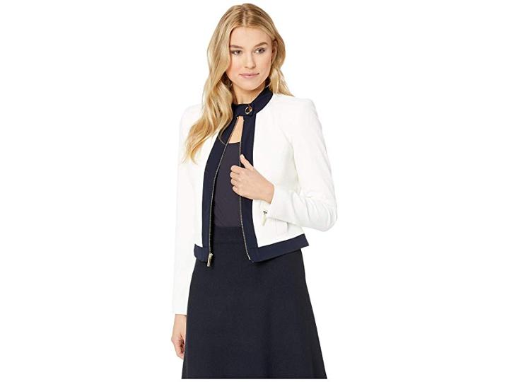 Tommy Hilfiger Piped Textured Jacket (ivory/midnight) Women's Coat