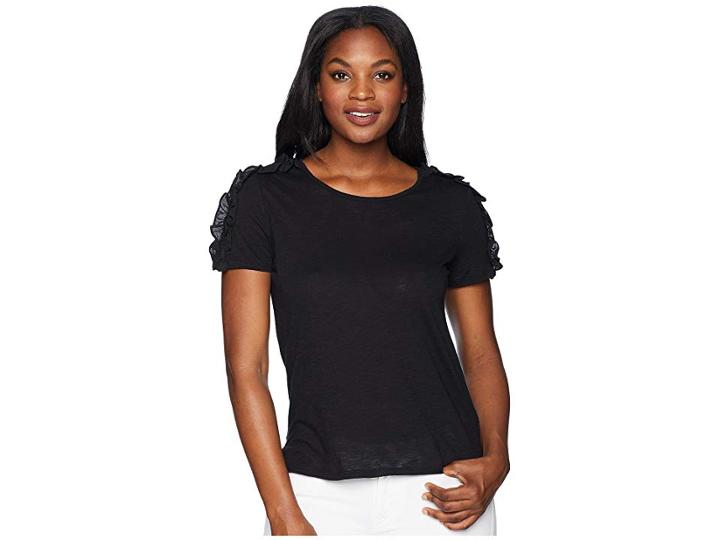 Cece Short Sleeve Mix Media Knit Top (rich Black) Women's Clothing