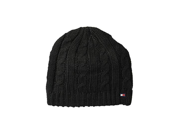 Tommy Hilfiger Chunky Fleece Lined Cable Hat (black) Caps