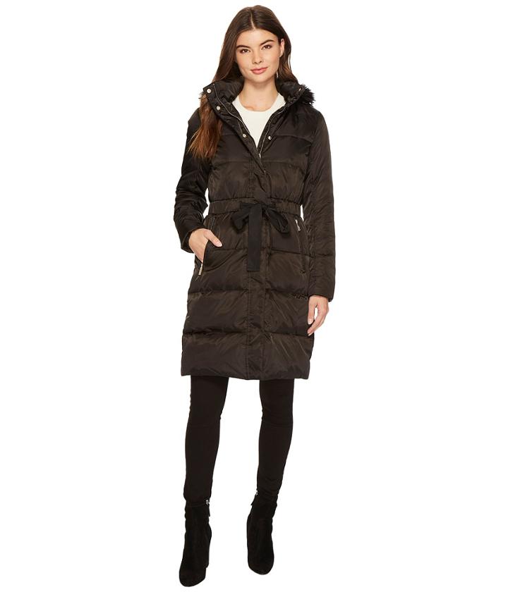 Ivanka Trump Soft Down Front Tie W/ Faux Fur (black) Women's Coat