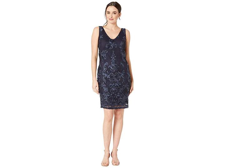 Marina Embroidered Sequin V-neck Sheath (navy) Women's Clothing