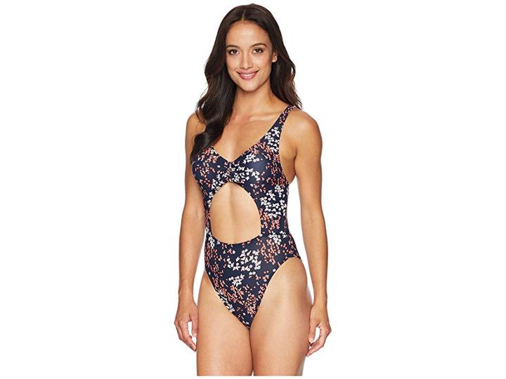 Michael Michael Kors Scattered Blooms One-piece Swimsuit W/ Tie Front Removable Soft Cups (rose Pink) Women's Swimsuits One Piece