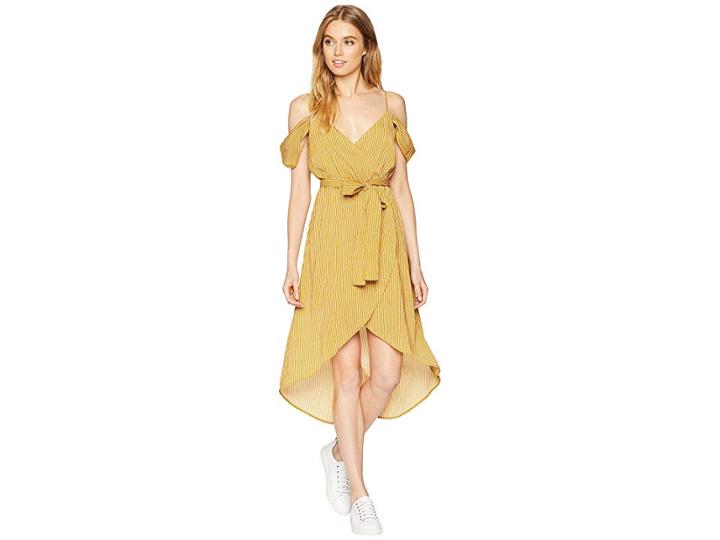 J.o.a. Cold Shoulder Wrap Dress (mustard Stripe) Women's Dress