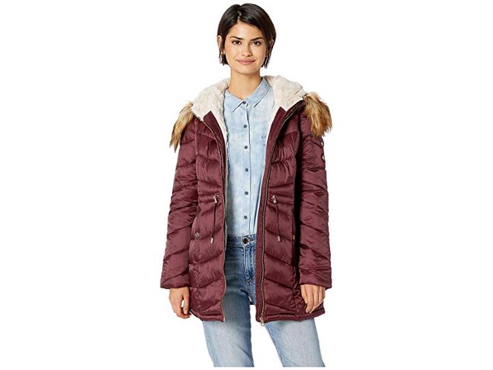 Jessica Simpson Quilted Hooded Jacket W/ Tie Waist (merlot) Women's Coat