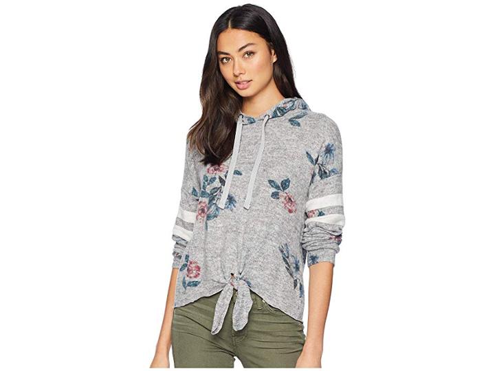 Pink Rose Oversized Drop Shoulder Long Sleeve Hooded String W/ Tie Hem (grey Floral) Women's Sweatshirt