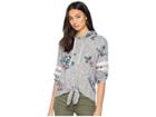 Pink Rose Oversized Drop Shoulder Long Sleeve Hooded String W/ Tie Hem (grey Floral) Women's Sweatshirt