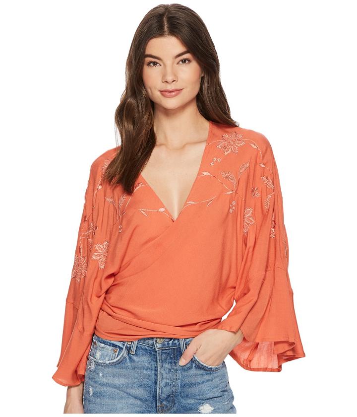 Lucky Brand Embroidered Wrap Top (apricot Brandy) Women's Long Sleeve Pullover