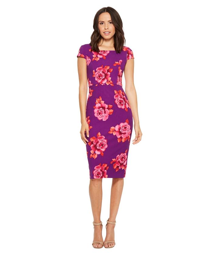 Donna Morgan Cap Sleeve Fitted Printed Crepe Sheath Dress (purple/red Multi) Women's Dress