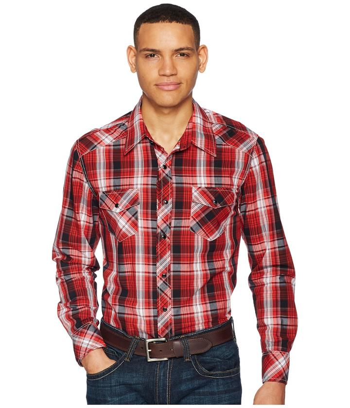 Rock And Roll Cowboy Plaid Long Sleeve Snap B2s5718 (red) Men's Long Sleeve Button Up