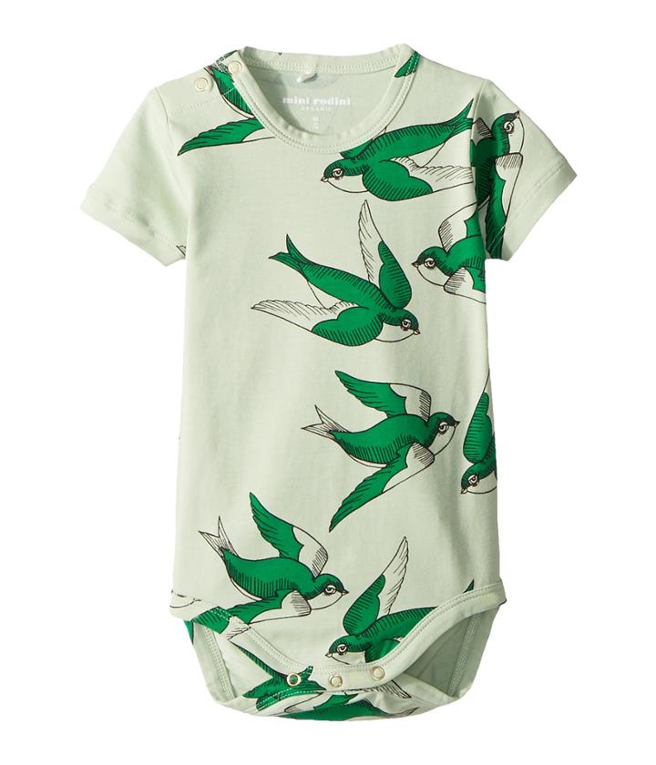 Mini Rodini Swallows Short Sleeve Bodysuit (infant) (green) Girl's Jumpsuit & Rompers One Piece