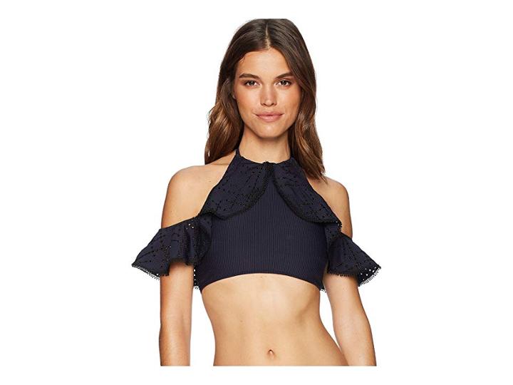 Jonathan Simkhai Seersucker Cold Shoulder Bikini Top (midnight/black Combo) Women's Swimwear