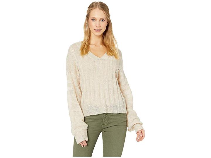 Moon River Wide Rib V-neck Sweater (cream) Women's Clothing