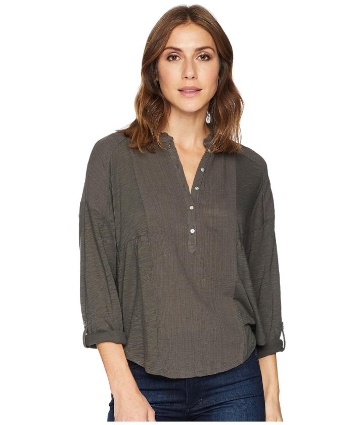 Lucky Brand Woven Gauze Mix Henley Top (black Mountain) Women's Clothing