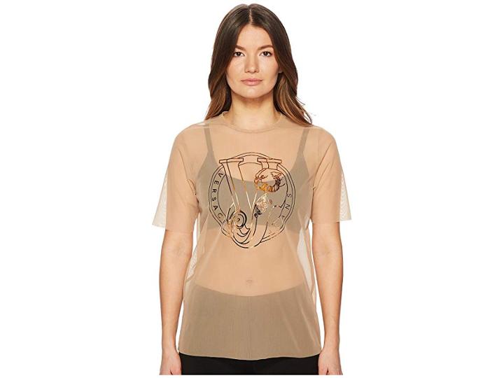 Versace Jeans Couture Sheer Designed Logo Short Sleeve Top (rose Dust) Women's Clothing