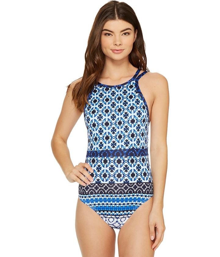 Tommy Bahama Shibori Splash High-neck One-piece Swimsuit (plunge Blue) Women's Swimsuits One Piece