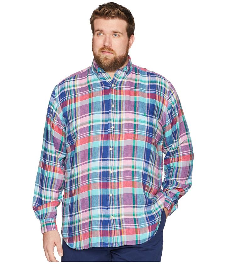 Polo Ralph Lauren Big Tall Linen Long Sleeve Sport Shirt (aegean Blue/red Multi) Men's Clothing
