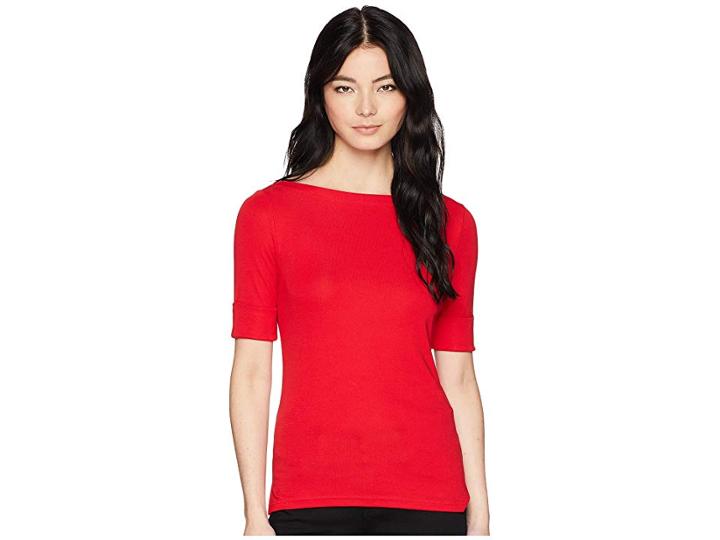 Lauren Ralph Lauren Petite Cotton Boat Neck T-shirt (lipstick Red) Women's T Shirt