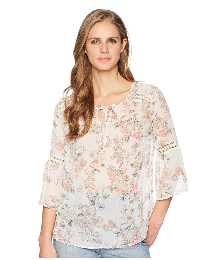 Tribal Floral 3/4 Bell Sleeve Crinkle Chiffon Printed Blouse (camelia) Women's Blouse