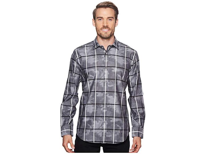 Bugatchi Shaped Fit Windowpane Camo Woven Shirt (graphite) Men's Clothing