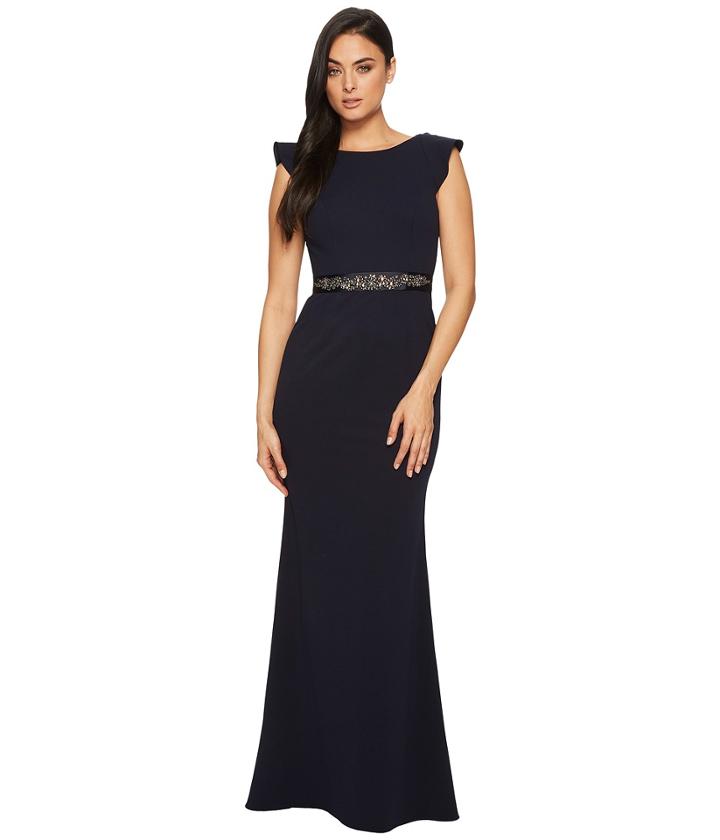 Adrianna Papell Fluttered Short Sleeve Beaded Crepe Gown (midnight) Women's Dress