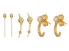 Dogeared 3 Earrings Set, Cz J Bar Stud, Star Stud With Chain, Crystal Arc Stud (gold) Earring
