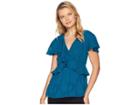 Michael Michael Kors Paisley Clip Jacquard Short Sleeve Top (luxe Teal) Women's Clothing