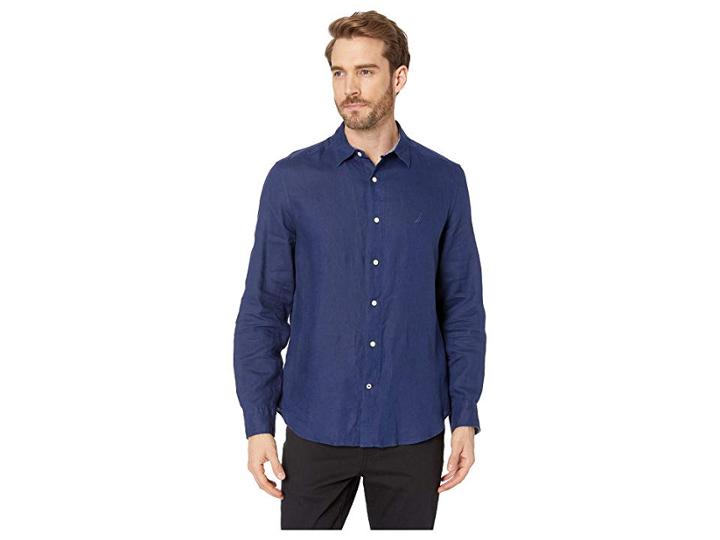 Nautica Long Sleeve Faded Linen Shirt (j-class Navy) Men's Clothing
