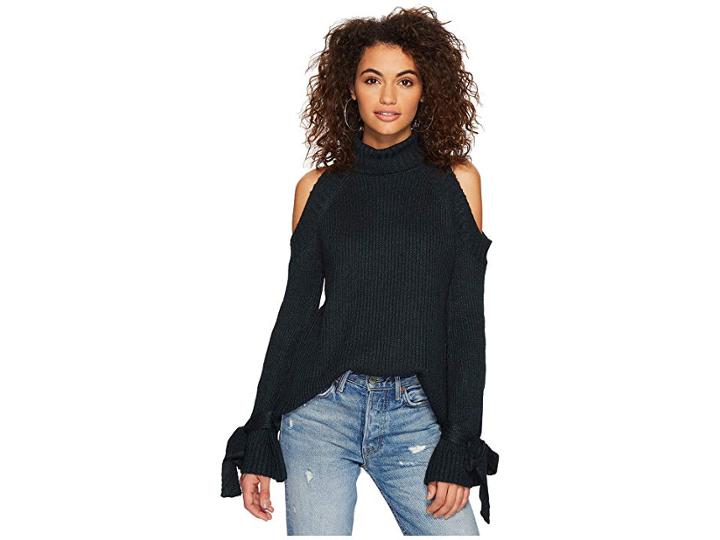 J.o.a. Cold Shoulder Tie Sleeve Sweater (deep Green) Women's Sweater