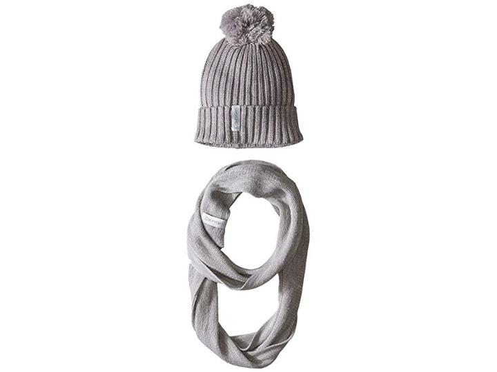 Calvin Klein Pom Hat And Loop Two-piece Set (heathered Mid Grey) Scarves