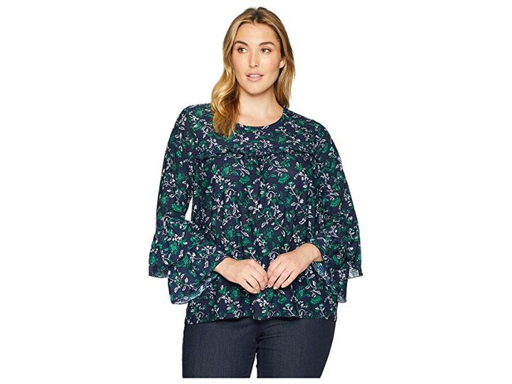 Michael Michael Kors Plus Size Fleur Print Tier Sleeve Top (true Navy/jewel Green) Women's Clothing