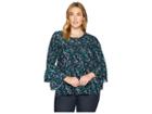 Michael Michael Kors Plus Size Fleur Print Tier Sleeve Top (true Navy/jewel Green) Women's Clothing