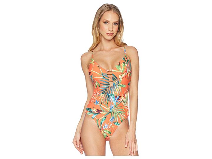 Lucky Brand Lush Leaf Cross-back One-piece (pimento) Women's Swimsuits One Piece