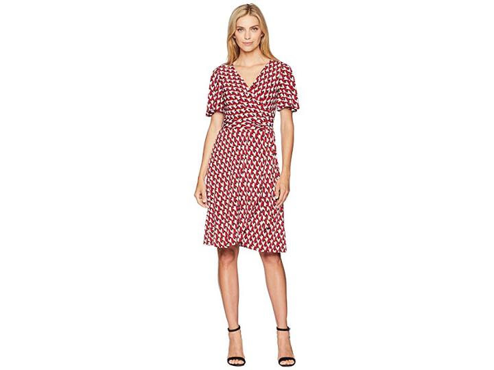 Donna Morgan Geo Jersey Wrap Dress With Flutter Sleeve (cranberry/bright Orange Multi) Women's Dress
