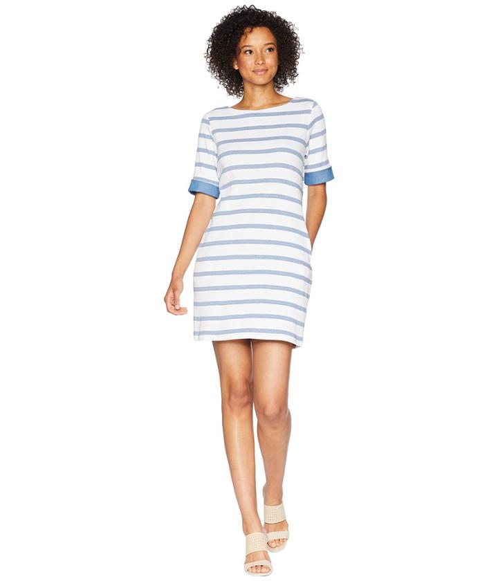 Tribal Boat Neck Knee Length Dress With Chambray Trim (blue Haze) Women's Dress