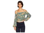 J.o.a. Cold Shoulder Puff Sleeve Crop Top (green Floral) Women's Clothing