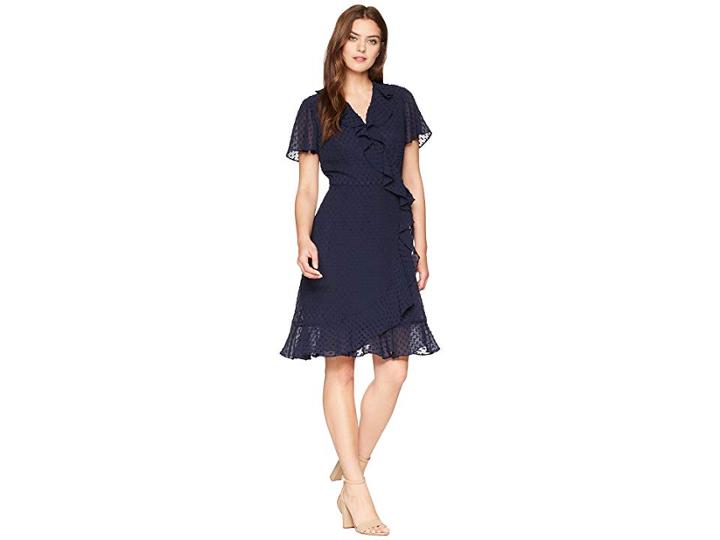 Tahari By Asl Swiss Dot Ruffle Wrap Dress (navy) Women's Dress