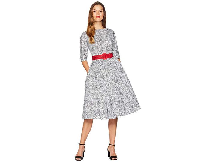 Unique Vintage 1940s Style Black White Lace Print Sleeved Sally Swing Dress (grey Lace) Women's Dress