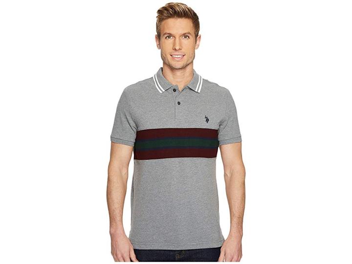 U.s. Polo Assn. Slim Fit Color Block Short Sleeve Pique Polo Shirt (campus Heather Grey) Men's Short Sleeve Pullover