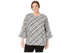 Calvin Klein Plus Plus Size Plaid Flocked Flare Sleeve Top (soft White/black Combo) Women's Blouse