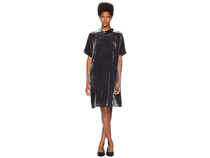 Eileen Fisher Velvet Mock Neck Short Sleeve Dress With Back Tie (charcoal) Women's Dress