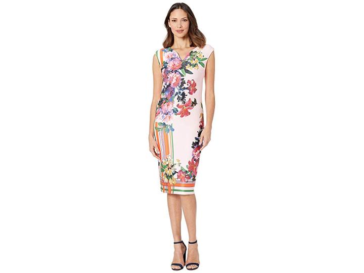 Eci V-neck Striped Floral Printed Scuba Dress (pink) Women's Dress
