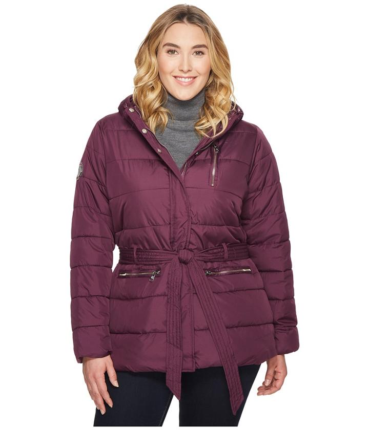 U.s. Polo Assn. Plus Size Long Puffer Jacket With Belt (merlot Wine) Women's Coat