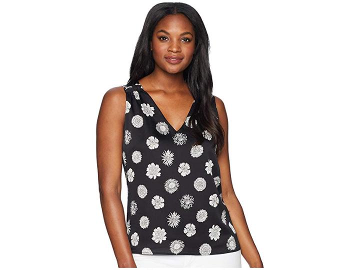 Vince Camuto Sleeveless Botanical Tropics V-neck Blouse (rich Black) Women's Blouse