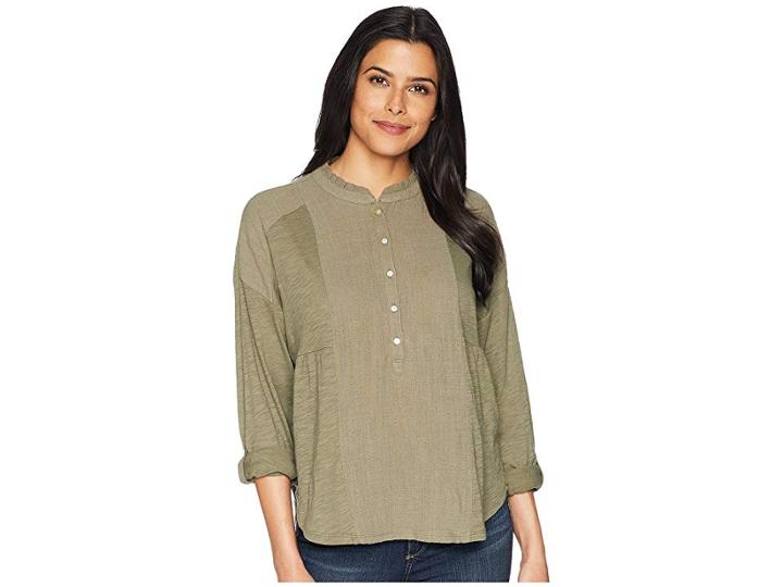Lucky Brand Woven Gauze Mix Henley Top (dusty Olive) Women's Clothing