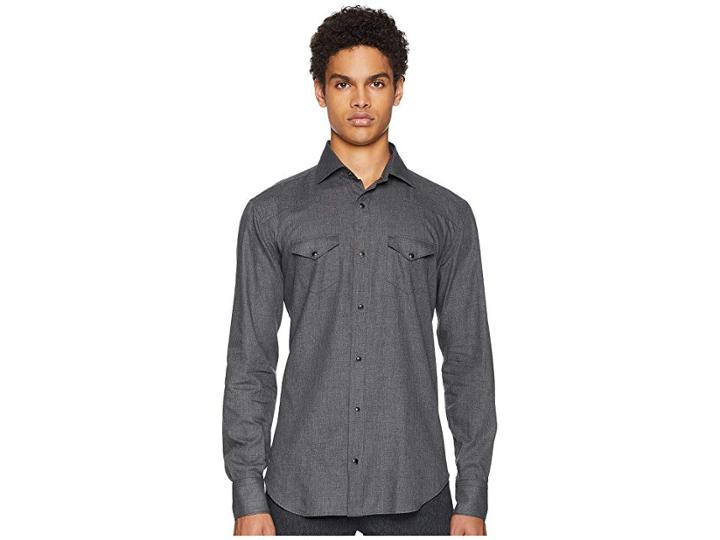 Eleventy Brushed Wool Western Snap Shirt (dark Grey) Men's Clothing