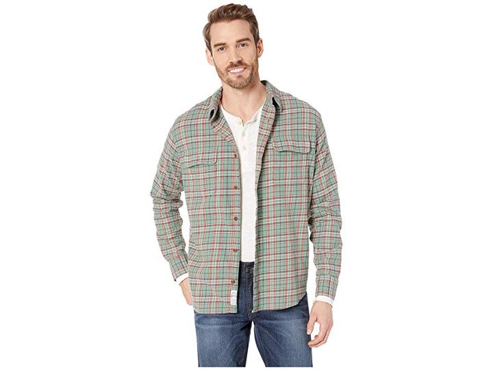Lucky Brand Long Sleeve Workwear Stretch Shirt (green Plaid) Men's Clothing